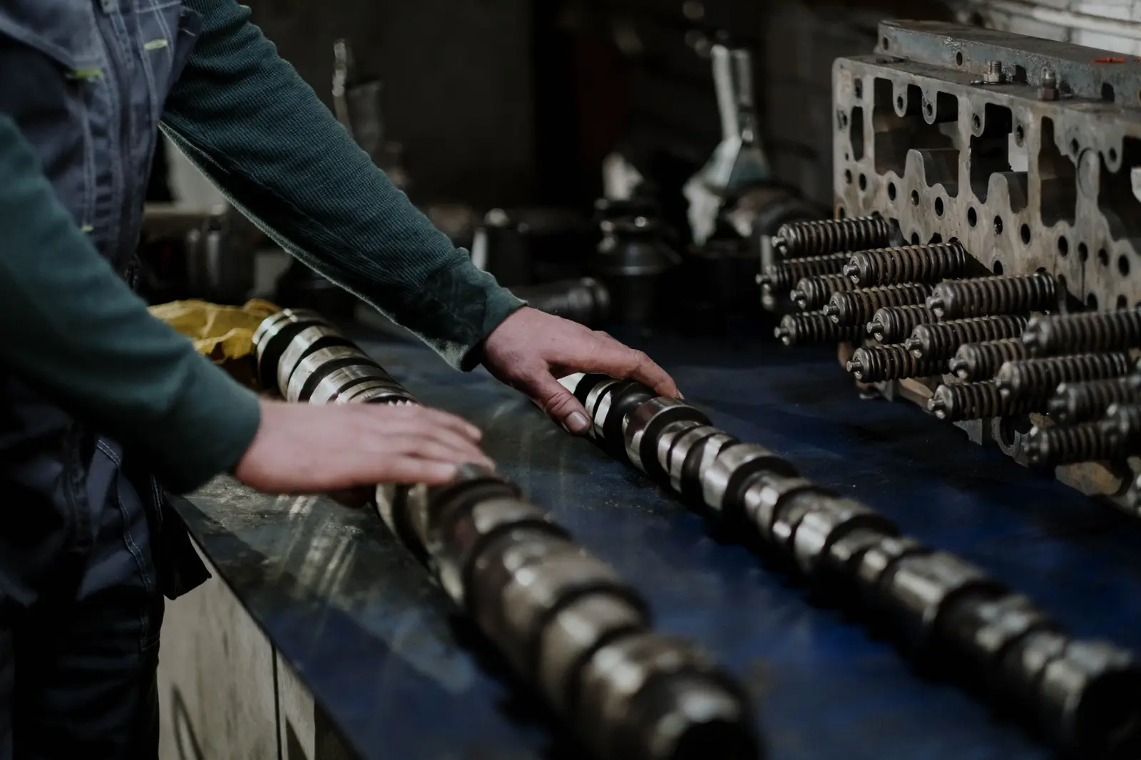 Engine camshafts on a production line