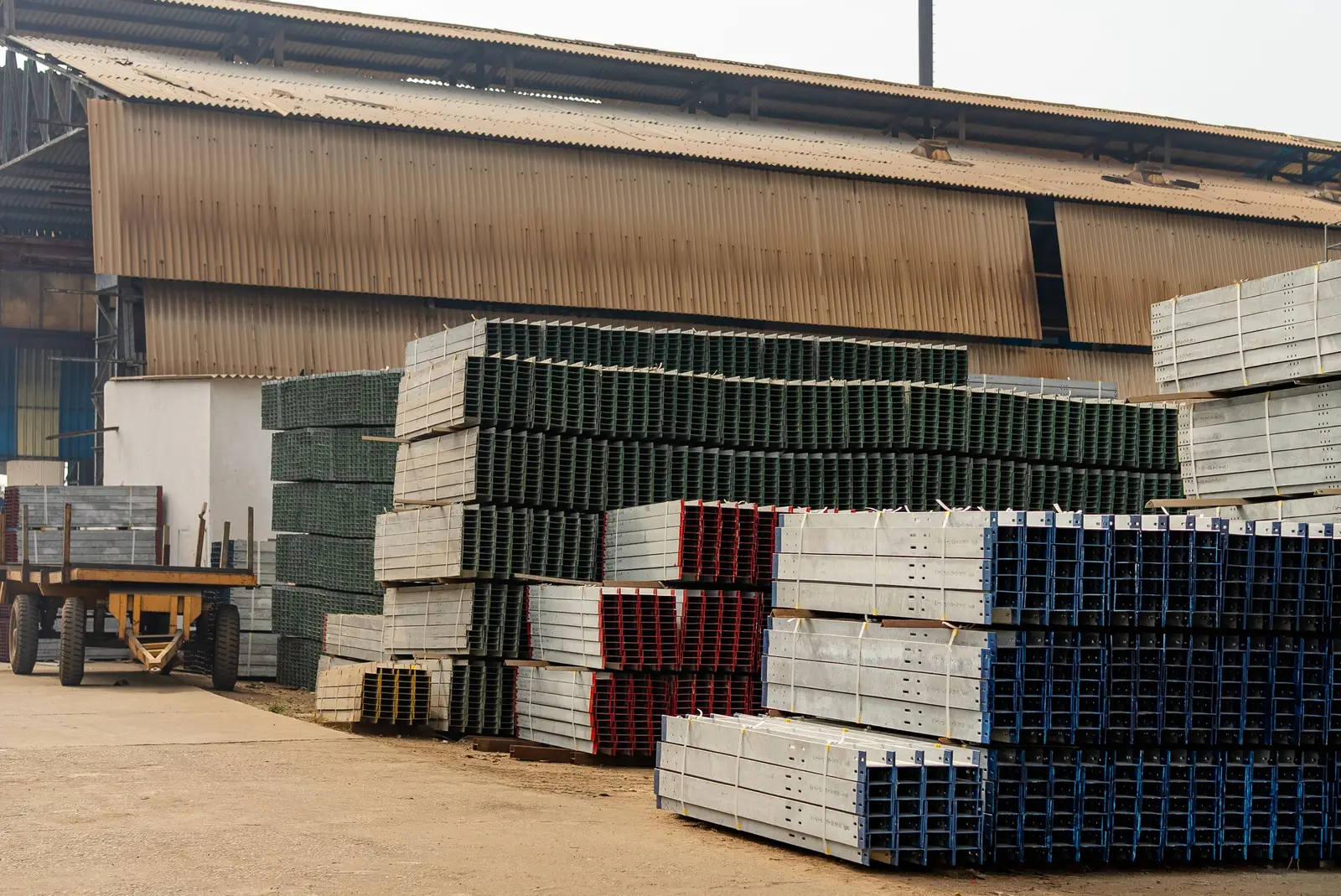 Steel sections stacked in a building materials yard