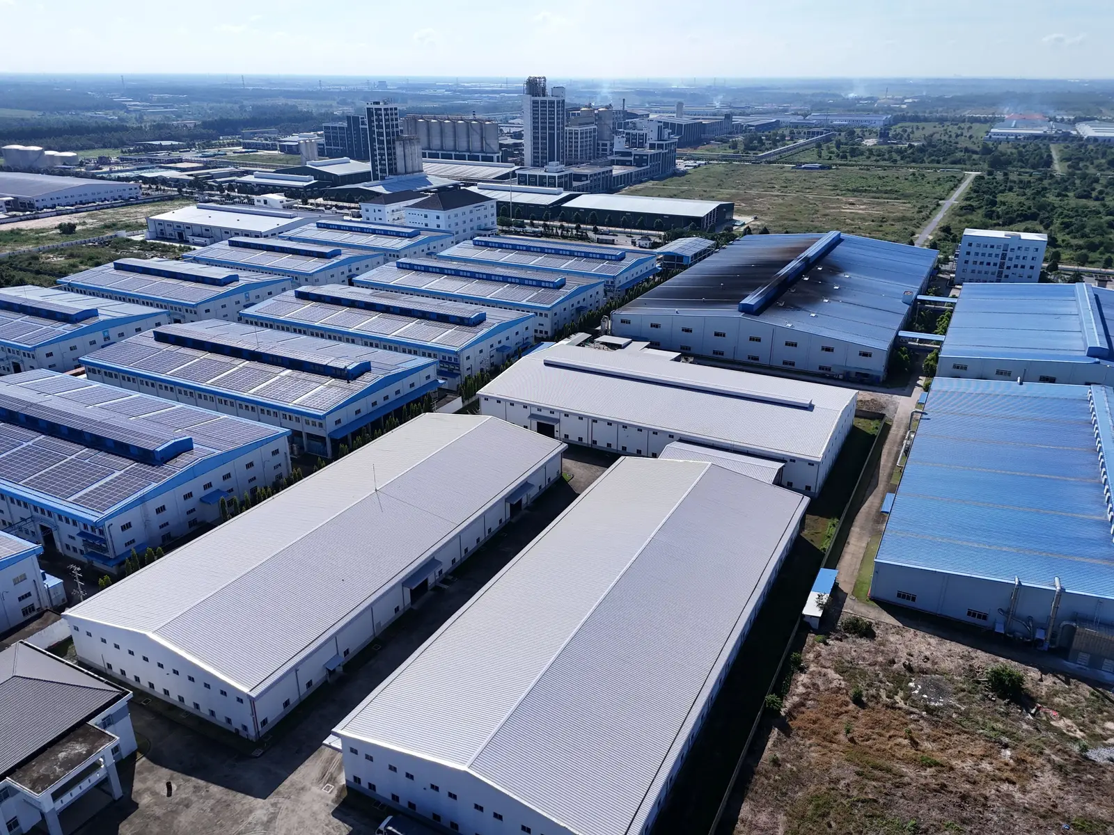 Aerial view of an industrial park with factory buildings in Vietnam