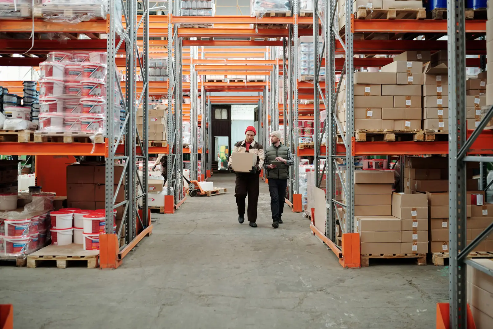 Warehouse aisle with racked supplies