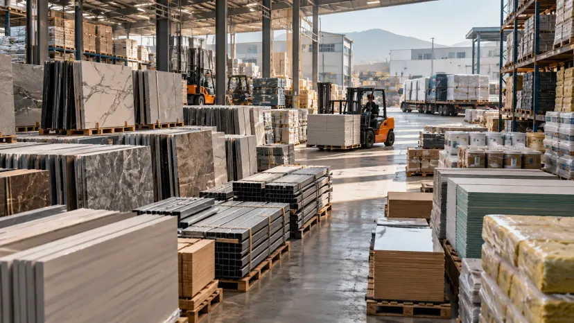Building materials in a warehouse