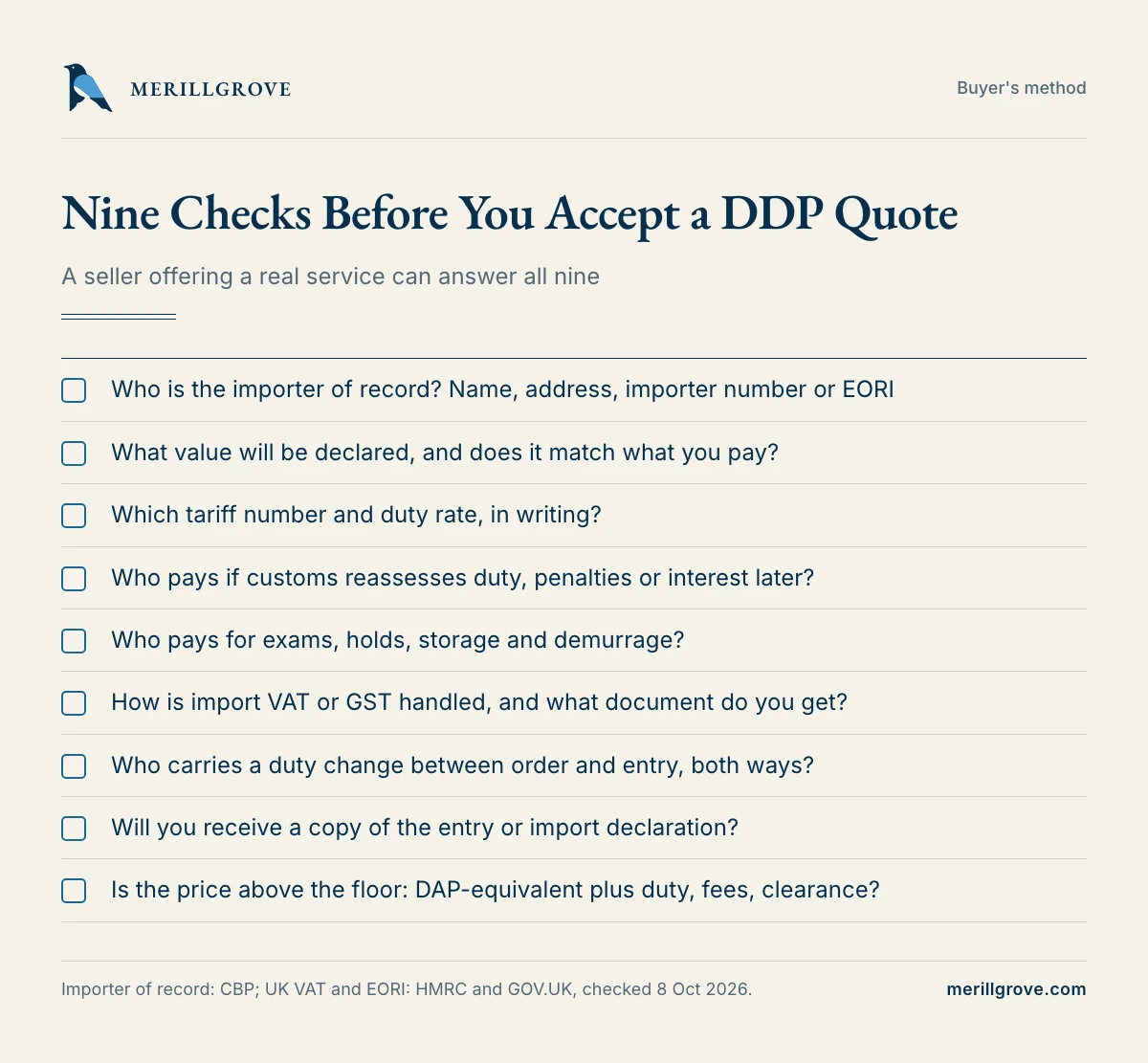 DDP checks before you accept a delivered, duty-paid quote